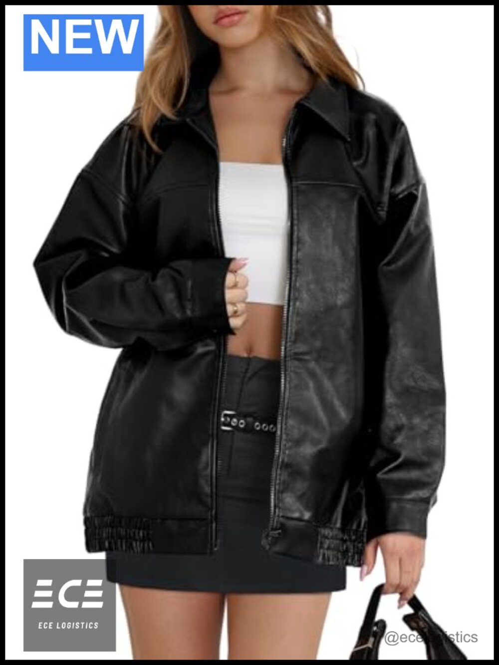Faux Leather Oversized Moto Jacket Long Sleeve